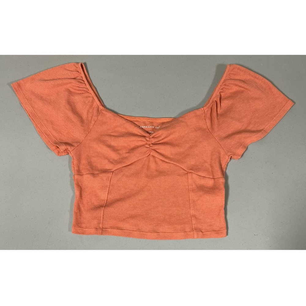 American Eagle Orange Solid Flounce Sleeve Crop T… - image 1